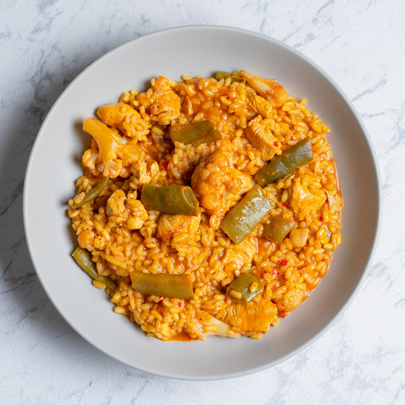Arroz de pollo, judía y coliflor