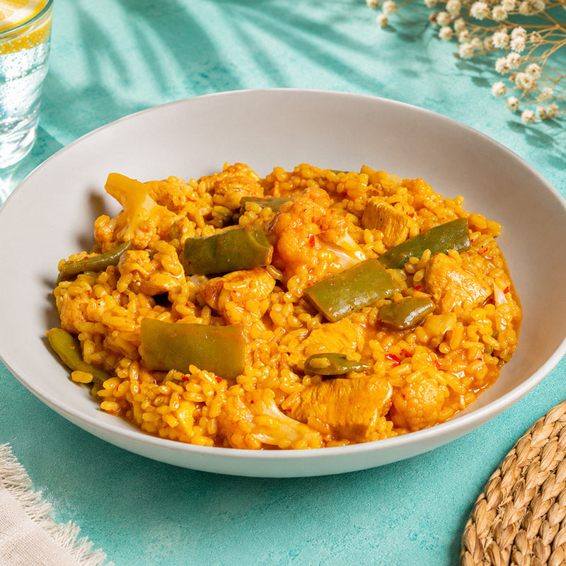Arroz com frango, feijão e couve-flor