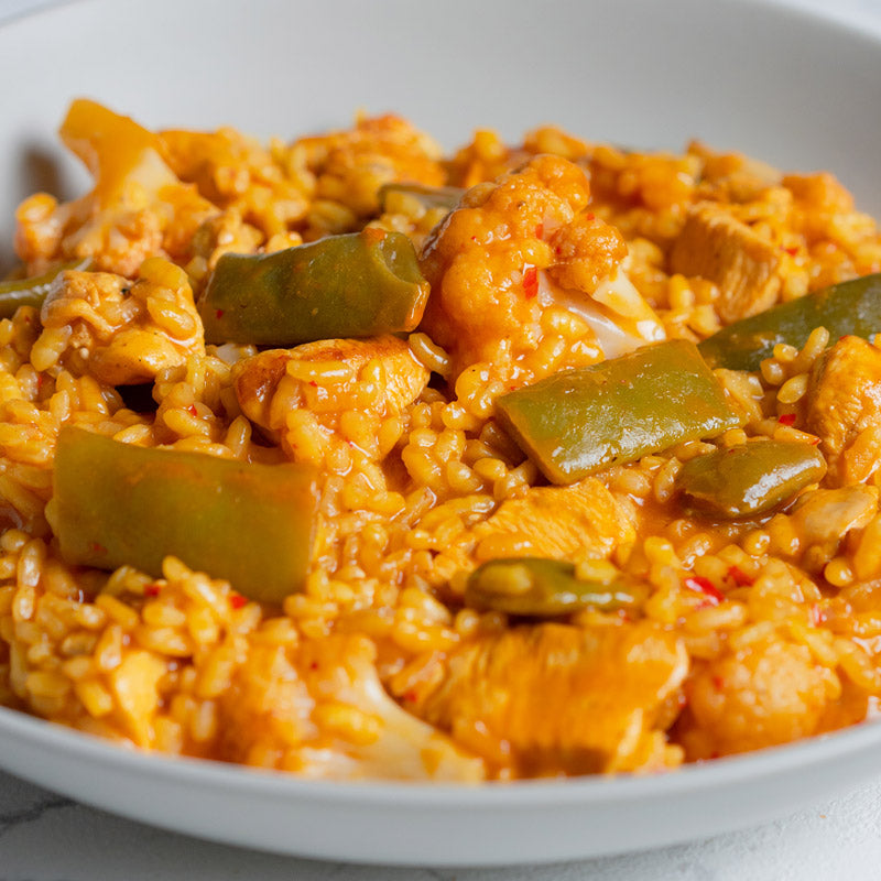 Arroz de pollo, judía y coliflor