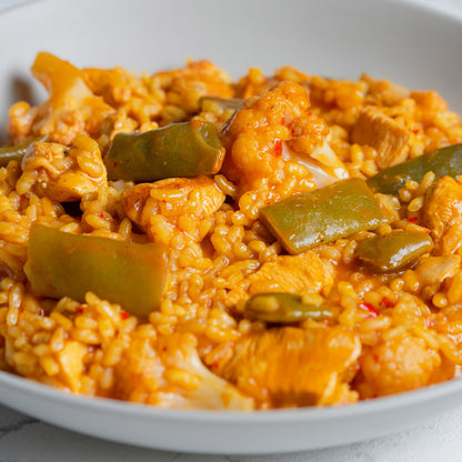 Arroz de pollo, judía y coliflor