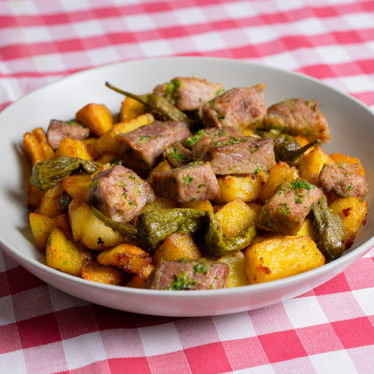 Raxo con patatas y pimiento verde